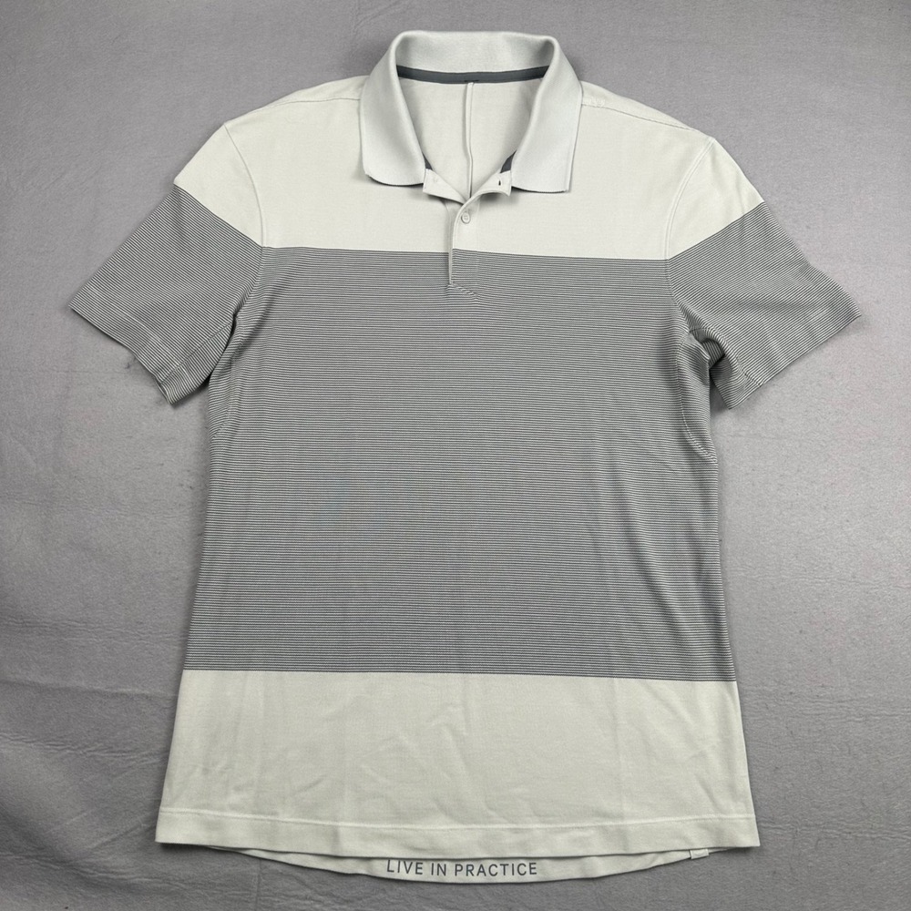 Lululemon Mens Evolution Polo Shirt Grey Striped Short Sleeve Size Medium